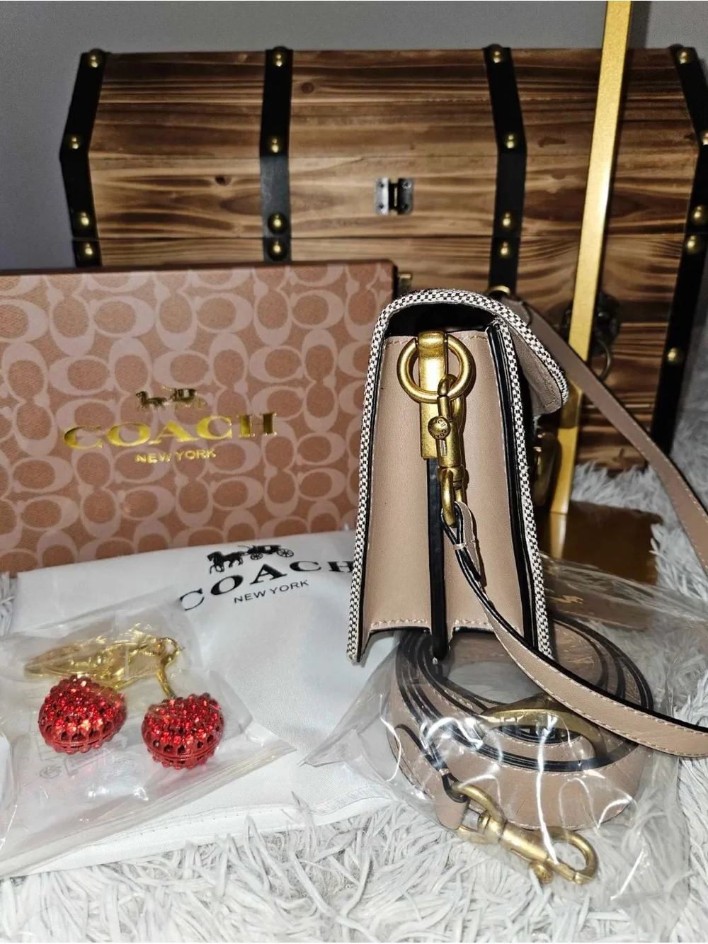 Coach Beige & Brown Signature Canvas Shoulder Bag with Cherry Charm